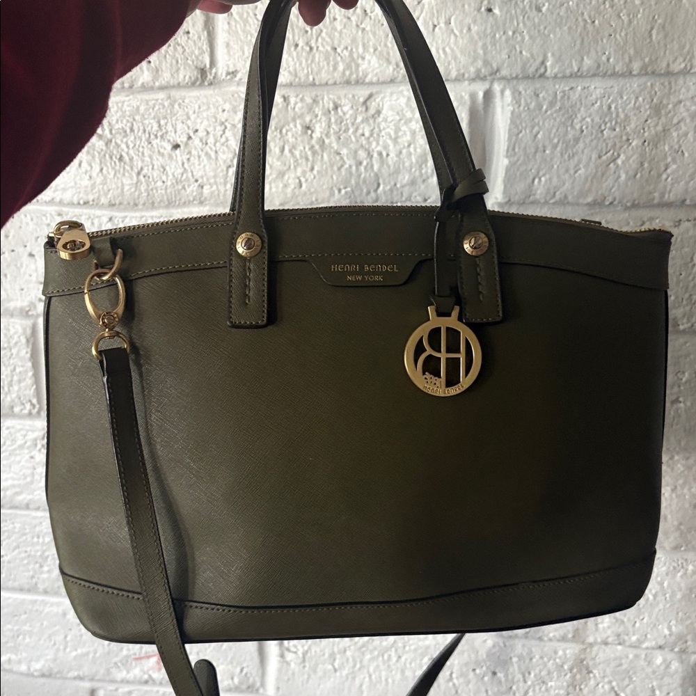 Henri Bendel Olive green Saffiano leather shoulder /crossbody tote bag
